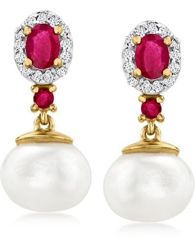 Ross-Simons 7.5-8mm Cultu Pearl Drop Earrings With . Rubies And . White Topaz - Red