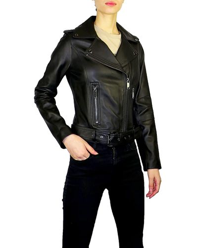 Michael Kors Outerwear Asymmetrical Zip Belted Short Leather Jacket In Black