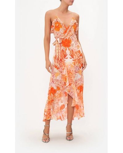 Camilla Long Wrap Dress With Frill Dragon Mother - Orange