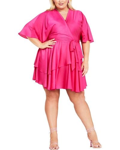 City Chic Fallon Faux Wrap Polyester Mini Dress - Pink