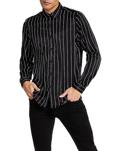 INC Satin Striped Button-down Shirt - Black