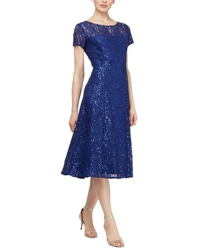 SLNY Lace Sequined Midi Dress - Blue