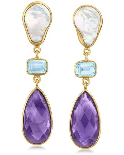 Ross-Simons 9x14mm Cultured Baroque Pearl And Amethyst Drop Earrings With Sky Blue Topaz - Purple