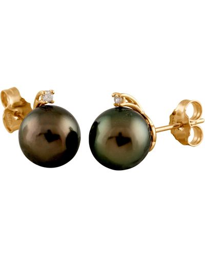 Splendid 14k Gold Diamond Accented Tahitian Pearl Stud Earrings - Green