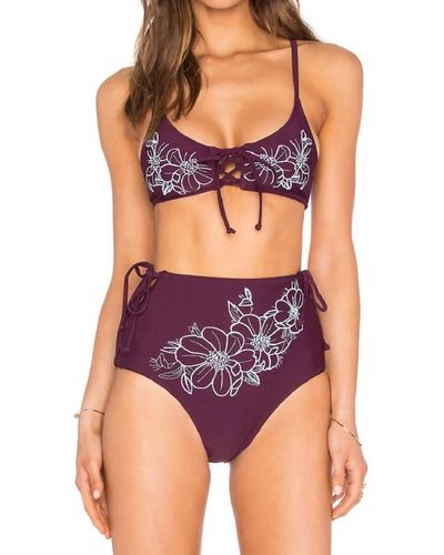 Somedays Lovin Reha Lace Up Front Embroidered Bikini Top In Burgundy - Purple