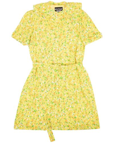 Boutique Moschino Nwt Yellow Lemon Print Silk Ruffle Neck Dress
