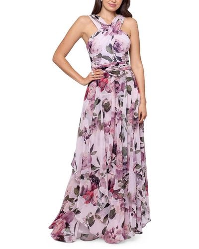 Xscape Floral-print Chiffon Halter Gown - Purple