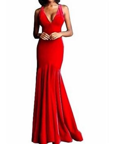 Jovani Velvet Open Back Long Dress - Red