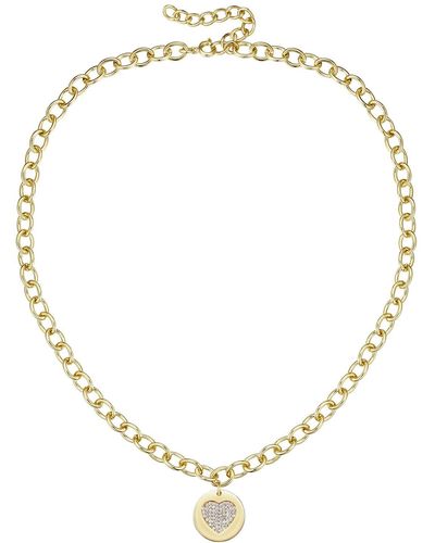 Rachel Glauber Rg 14k Gold Plated With Diamond Cubic Zirconia Heart Medallion Pendant Curb Chain Adjustable Necklace - Metallic