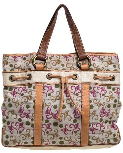 CH by Carolina Herrera Color Embroidered Fabric And Leather Trim Tote - Brown