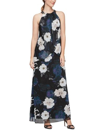 SLNY Chiffon Floral Evening Dress - Blue