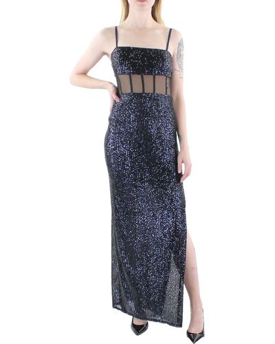 BCBGMAXAZRIA Sleeveless Sheath Floor Length Evening Dress Adjustable Bodice Mesh Bustier Side Slit Column Skirt - Blue
