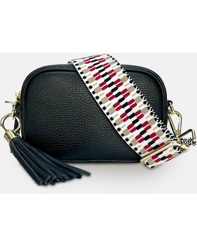 Apatchy London The Mini Tassel Black Leather Phone Bag With Red & Black Zigzag Strap