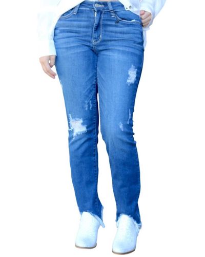 Judy Blue Distressed Shark Bite Slim Fit Jeans - Blue