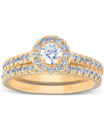 Pompeii3 1ct Halo Lab Grown Diamond Engagement Matching Wedding Ring Set - Metallic