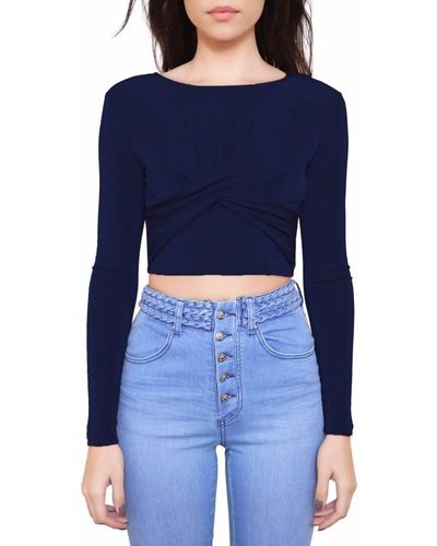MINKPINK Stretch Twist Wrap Front Long Sleeve Crop Top Sweater - Blue