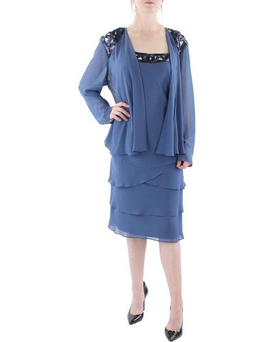 Sl Fashions Chiffon Sequined Dress With Jacket - Blue
