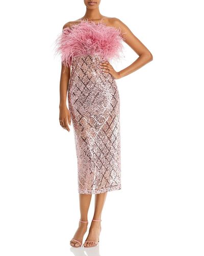 Bronx and Banco Ostrich Formal Midi Evening Dress - Pink