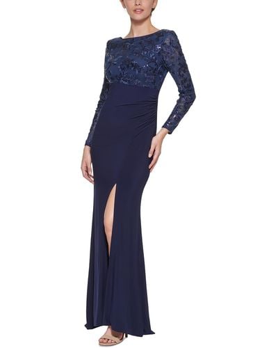 Vince Camuto Mesh Embroidered Evening Dress - Blue