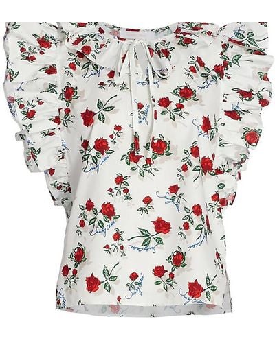 See By Chloé Dita Cotton Poplin Floral Print Flutter Sleeve Blouse - White