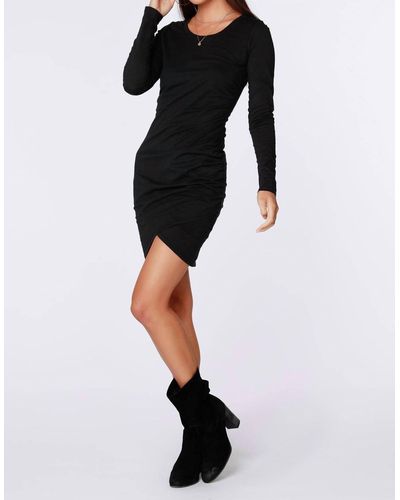 Bobi Long Sleeve Side Shirred Dress - Black