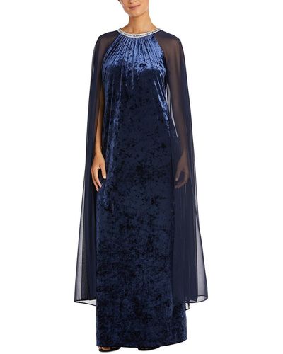 R & M Richards Velvet Sheer Overlay Evening Dress - Blue