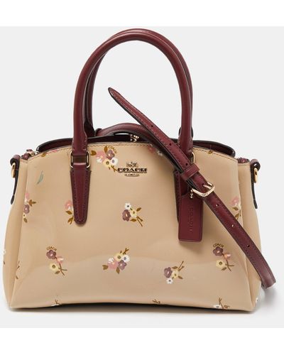 COACH /cream Floral Print Patent And Leather Mini Sage Carryall Satchel - Natural