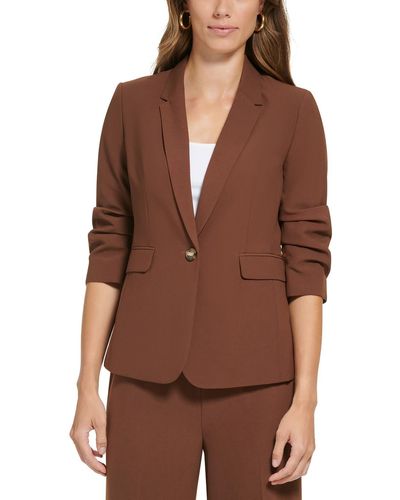 DKNY Petites Ruched 3/4 Sleeve One-button Blazer - Brown