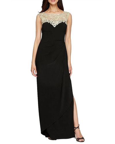 Alex Evenings Embroidered Floral Illusion Long Jersey Gown - Black