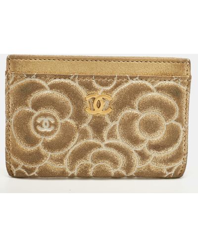 Chanel Gold Suede Camellia Embossed Classic Card Holder - Metallic