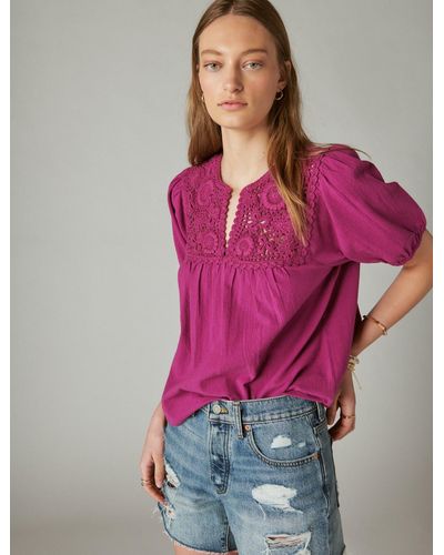 Lucky Brand Crochet Short Sleeve Peasant Top - Pink