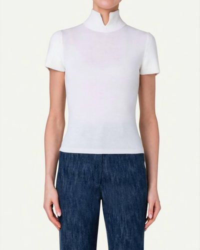 Akris Punto Slit High-neck Wool Top In Cream - Blue