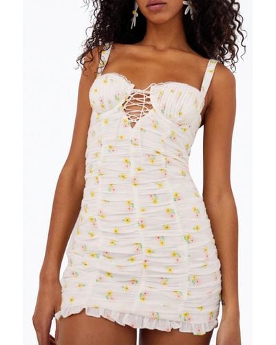 For Love & Lemons Celia Shirred Floral-embroidered Lace-up Open-back Mini Dress - White