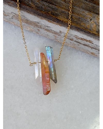 A Blonde and Her Bag Three Raw Quartz Crystal Pendant Necklace With Mystic Gray