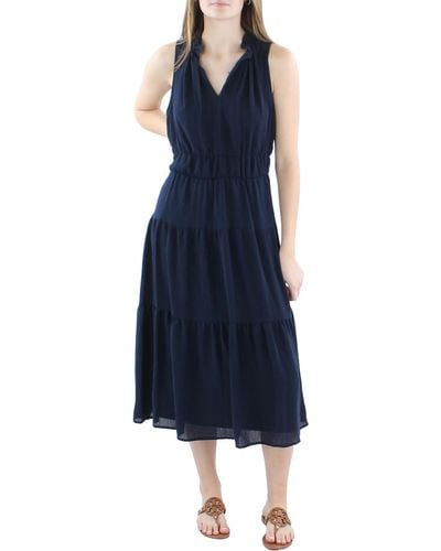 DKNY Tiered Split Neck Midi Dress - Blue