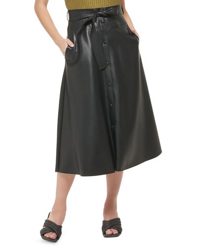 Calvin Klein Faux Leather Snap Front A-line Skirt - Black