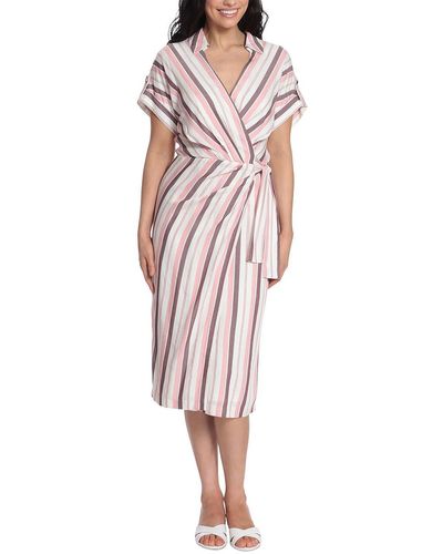 London Times Linen Mid-calf Wrap Dress - Pink