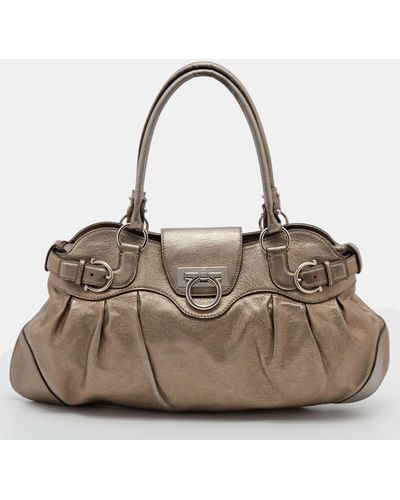 Ferragamo Metallic Leather Marisa Shoulder Bag - Brown