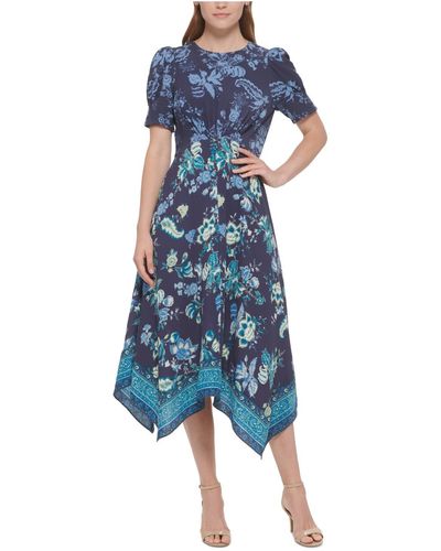 Vince Camuto Floral Print Puff Sleeve Midi Dress - Blue