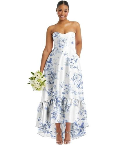 Alfred Sung Strapless Floral High-low Ruffle Hem Maxi Dress With Pockets - White