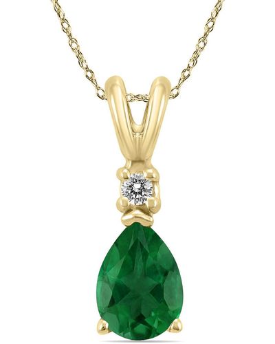 Monary 14k Gold 6x4mm Pear Emerald And Diamond Pendant - Green