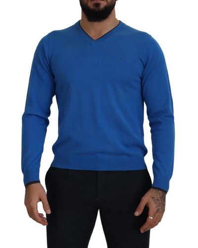 Sun 68 Cotton V-neck Knitted Men Pullover Sweater - Blue