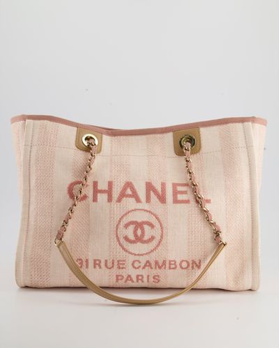 Chanel Small Stripe Canvas Deauville Tote Bag With Logo Print And Champagne Gold Hardware - Natural