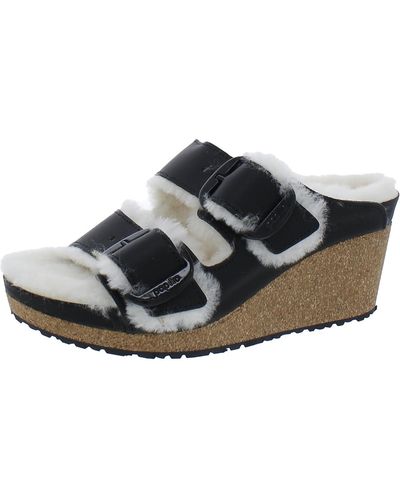 Papillio Nora Big Buckle Leather Shearling Wedge Sandals - Black