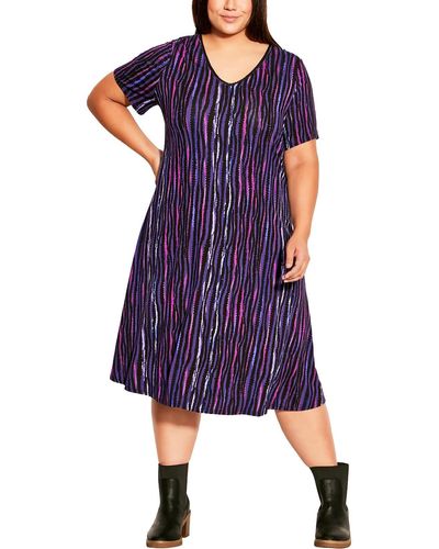 Avenue Plus Striped V Neck Shift Dress - Purple