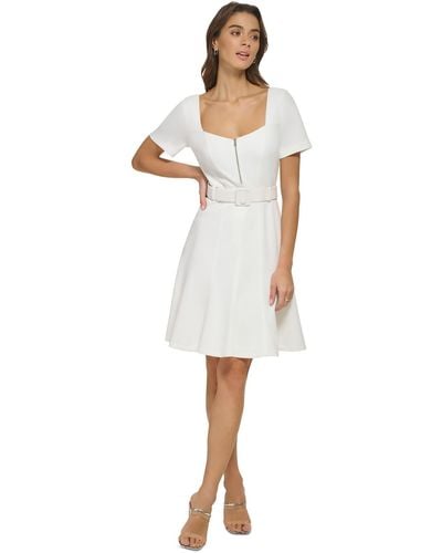 DKNY Sweetheart Neck Belted Fit & Flare Dress - White