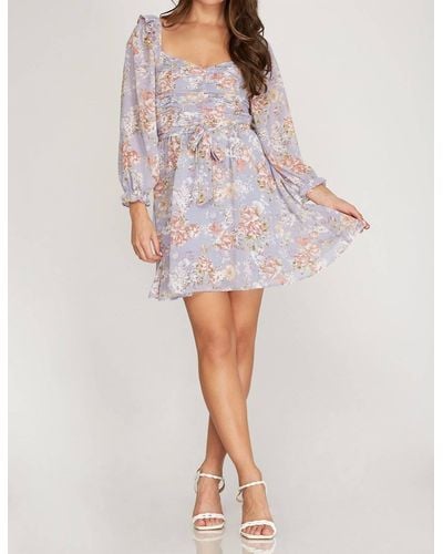 She + Sky Floral Print Ruched Dress - Purple