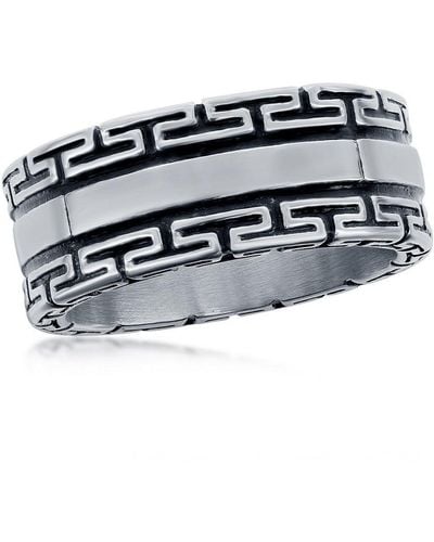 Black Jack Jewelry Stainless Steel Oxidized Greek Key Ring - Metallic