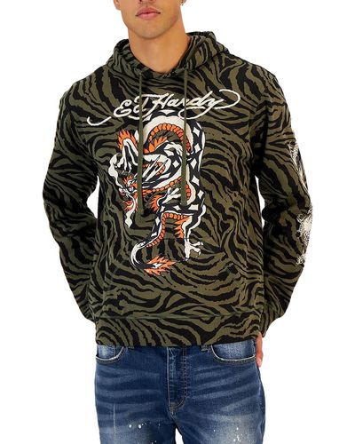 Ed Hardy Relaxed Fit Dragon Hoodie - Gray