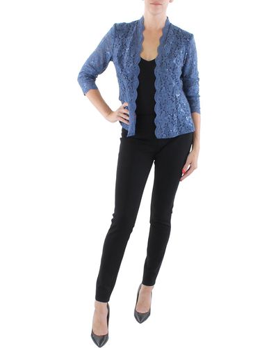 SLNY Lace Open Front Collarless Blazer - Blue